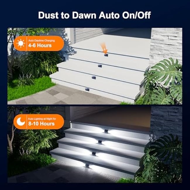 6 Pack Solar Powered Step Lights Outdoor Waterproof LED for Outside Deck Stair Safety Decorative Lamp for Porch, Yard, Patio, Wall, Fence, Walkway, Dual Sided Lighting for Enhanced Security Cool White