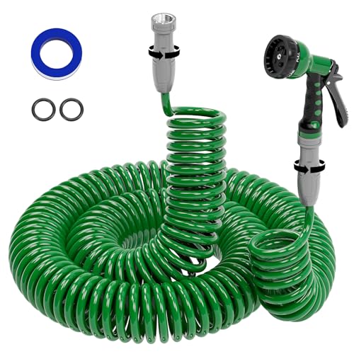 SPECILITE 3/8 Lightweight Coil Garden Hose 100FT EVA Flexible Curly Water Pipes with 6-Pattern Spray Nozzle for Boat Greenhouse Yard Patio Green