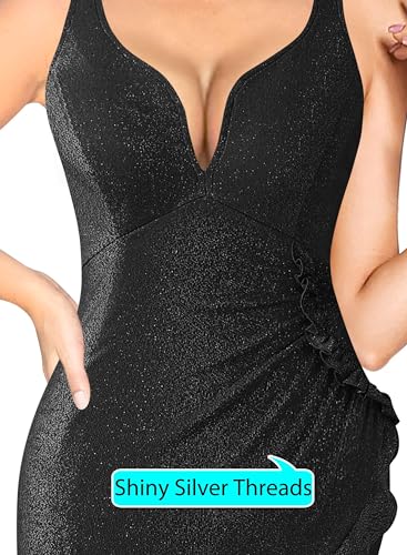 Image of VFSHOW Womens Backless Ruched Ruffle Deep V Neck Formal Prom Wedding Maxi Dress 2023 Spaghetti Strap Sexy Split Evening Gown
