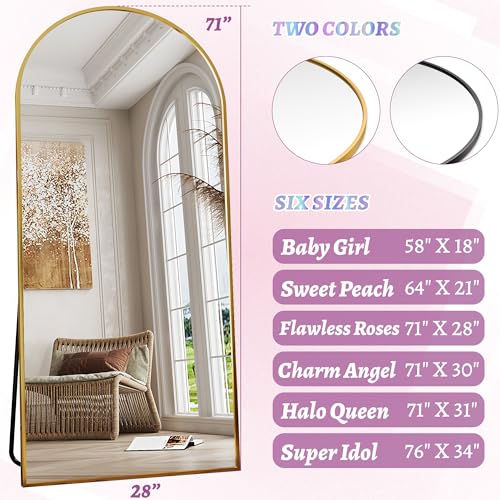 Full Length Mirror, 71"x28" Arched Floor Mirror Freestanding, Floor Standing Full Body Mirror with Stand for Bedroom, Hanging Mounted for Living Room Cloakroom, Gold