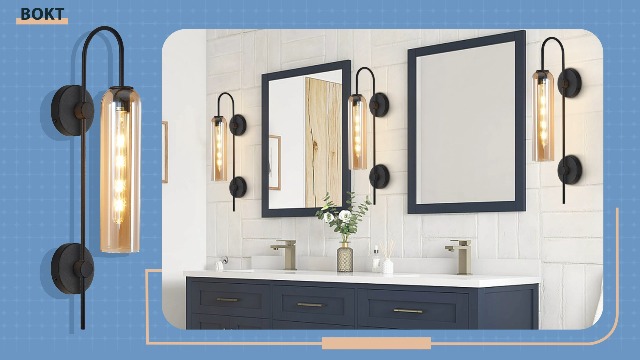 Image of BOKT Modern 1-Light Wall Sconce Lighting Farmhouse Matte Black Metal Wall Mounted Light Hardwired Indoor Long Tube Glass Wall Sconce Vintage Bedroom Bar Wall Lamp (Amber)