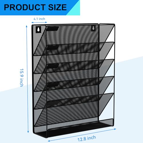 GDINDINFAN Wall File Organizer Holder Mesh Hanging Paper Document Holder,Vertical 6 Pocket Tier for Office Home, Black - Image 4