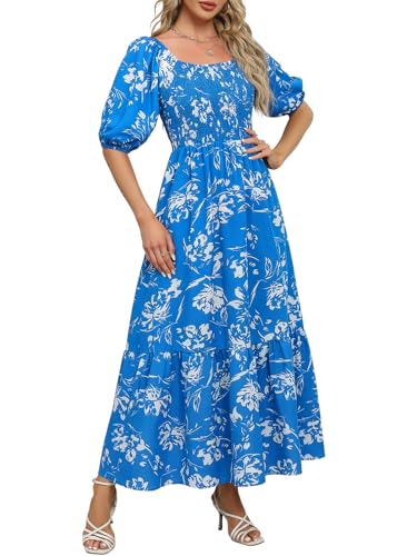 Image of Lyrur Summer Boho Smocked Maxi Dresses for Women Casual Puff Sleeve Square Neck A Line Tiered Ruffle Ankle Length Dress