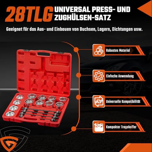 GEARMONSTER 28-TLG Silentlager Satz, Radlager Presse Abzieher Buchsen Werkzeug Druckhülsen Set mit Aufbewahrungskoffer, Abzieher Ausdrücker Montage Demontage für Auto, PKW, LKW