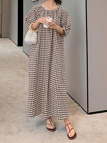 Image of chouyatou Women's Casual Gingham Loose-Fit Swing Dress Cotton Lantern Puff Sleeve Plaid Midi Long Dress