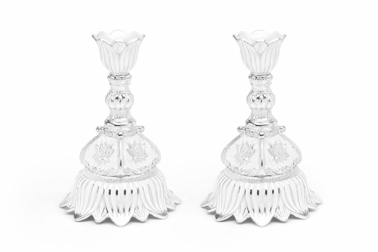 Dora Gifting Luxury Silver Candle Holders for Decoration with Enemal Coated Finish, Candlestick Holder,Candle Holders for Home Decoration, Taper Candle Holder for Center Table, (Pack of 2) -White