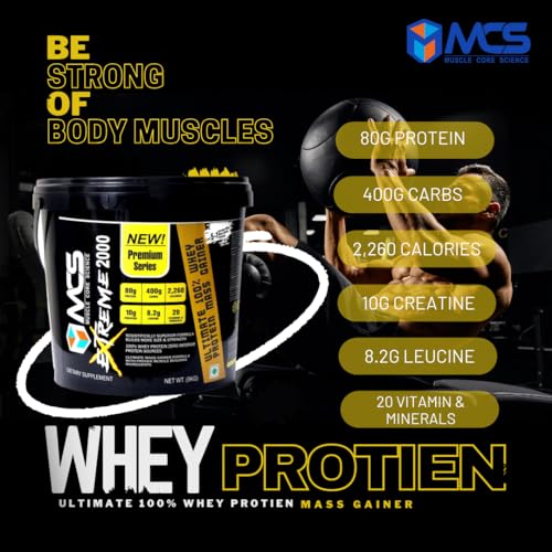 Image of MUSCLE CORE SCIENCE Extreme 2000 Whey Protein Mass Gainer Powder with 80g Protein, 400g Carbs, 2,260 Calories, 10g Creatine, 20 Vitamins & Minerals for Muscle Growth and Weight Gaining - Vanilla, 5kg