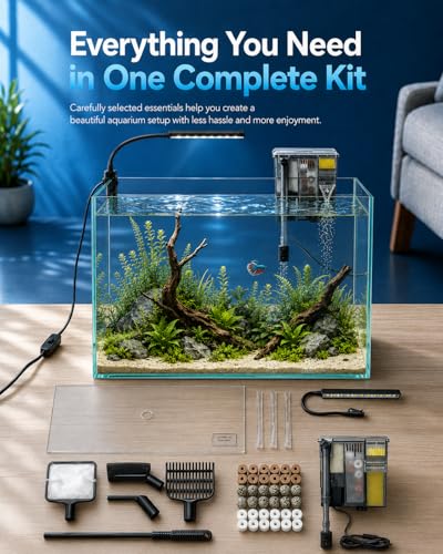 Image of 10-Gallon Ultra-Clear Glass Fish Tank Starter Kit, LED Light, Reusable 3-Stage Filter, Lid, Easy Maintenance Rimless Aquarium for Betta and Small Fish