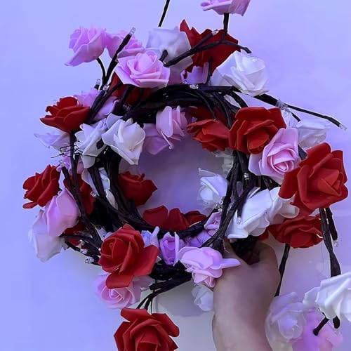 Image of Artificial Rose Vine Fairy Lights Wall Decor, USB Powered LED Flower Vine String Lights with Remote Control, 8 Lighting Modes, Flexible Wall Hanging Decoration (72 LED)