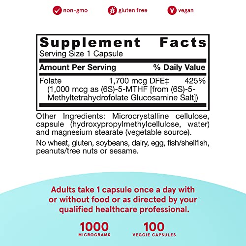 Jarrow Formulas Methyl Folate 1000 Mcg - 100 Veggie Caps - Highly Biologically Active Form Of Folate - 4Th Generation Folic Acid Technology - 100 Servings #TOP3