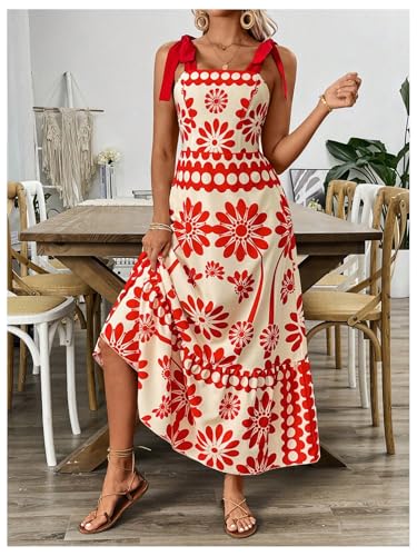 Image of Floerns Women's Vintage Sleeveless Tie Shoulder Sundress Floral Print Cami Maxi Dress