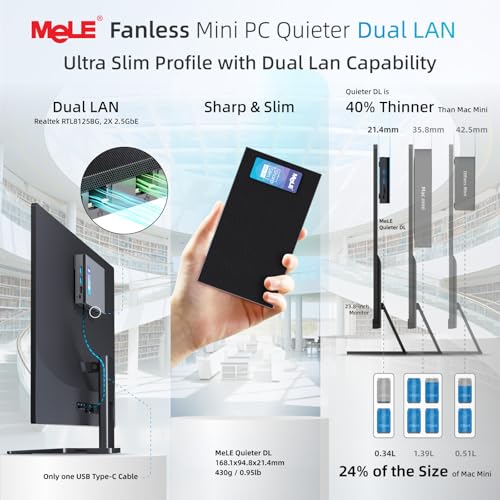 Image of MeLE Fanless Mini PC with Win-11-Pro,N100 16GB RAM 512GB Micro Desktop Computer Dual LAN 2.5Gb Ethernet,Dual HDMI,Support 4K Triple Display,USB 3.2x2,USB-C,WiFi5 BT5.1,Portable PC Industrial Business