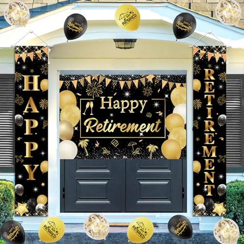 Sursurprise Retirement Party Decorations Black Gold, Happy Retirement Door Banner Backdrop, Retired Balloons for Women Men - Image 3