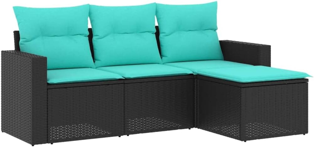 vidaXL Patio Sofa Set with Cushions - 4 Piece Black Poly Rattan Outdoor Furniture for Garden, Patio, Terrace - Modular Design