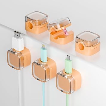 6-Pack Magnetic Cord Holder, Cord Holder with Strong Magnetic Lid, Holds Cables Firmly, 7 mm Charger Holder & HDMI Cord Organizer Clips, Strong Adhesive Pad Orange
