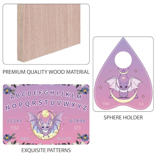 CREATCABIN Bat Pendulum Board Wooden Spirit Board Purple Dowsing Divination Kit Purple Flower Wood Talking Board Metaphysical Message with Planchette for Witchcraft Altar Supplies 11.8X8.3 Inch - Image 3