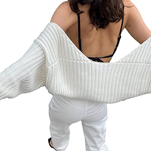 Women Y2K Crochet Shrug Sweater Knitted Long Sleeve Solid Color Open Front Cropped Cardigan Crop Tops Streetwear (A White, One Size) #TOP4