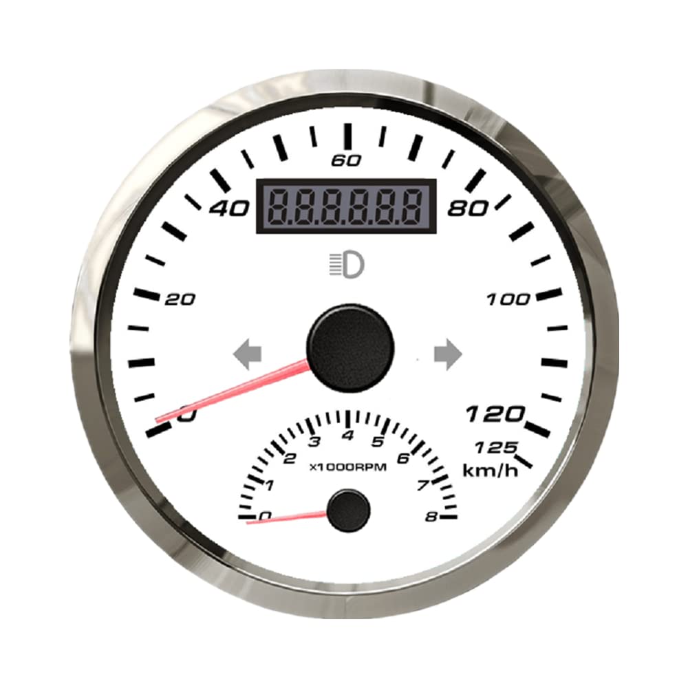 ELING Universal 200km/h GPS Speedometer with 8000 RPM Meter for Truck Boat IP67 Waterproof Class Car Gear Meter 85mm 9-32V (200km/h-White+Stainless Steel)