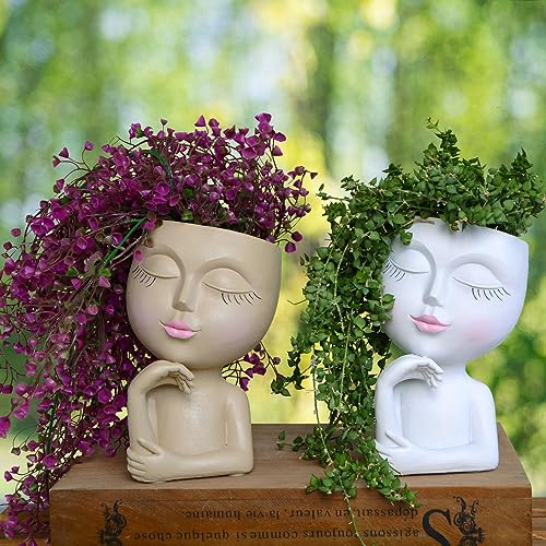 Face Planters Pots Head Planter, Plant Pots with Heads for Plants, Lady Statue Plant Pot, Unique Flower Pots with Drainage, Thinking Women Statue, Boho Vase, Cute Vases Home Decor Gift (7 Inch Khaki)