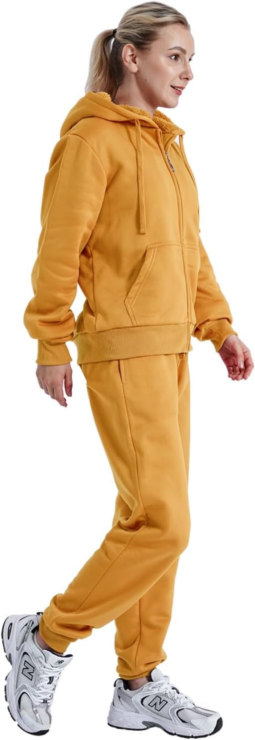 LeeHanTon Sherpa Zipper Womens Sweatsuits Active Jogging Fleece 2 Pieces Hoodie and Pants Winter Outfit Sets