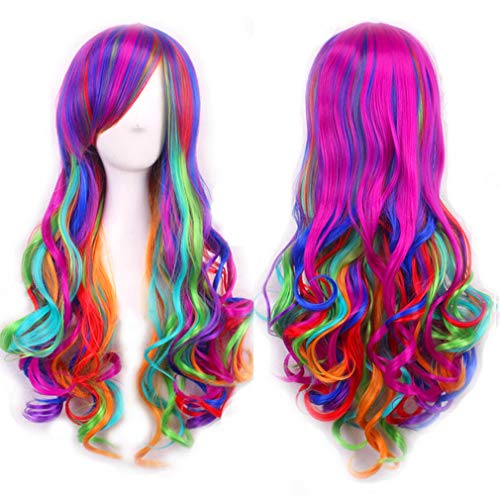 Rainbow Wig Colorful Cosplay Party Wig Synthetic Mixed Color Long Wavy Curly Wig for Women