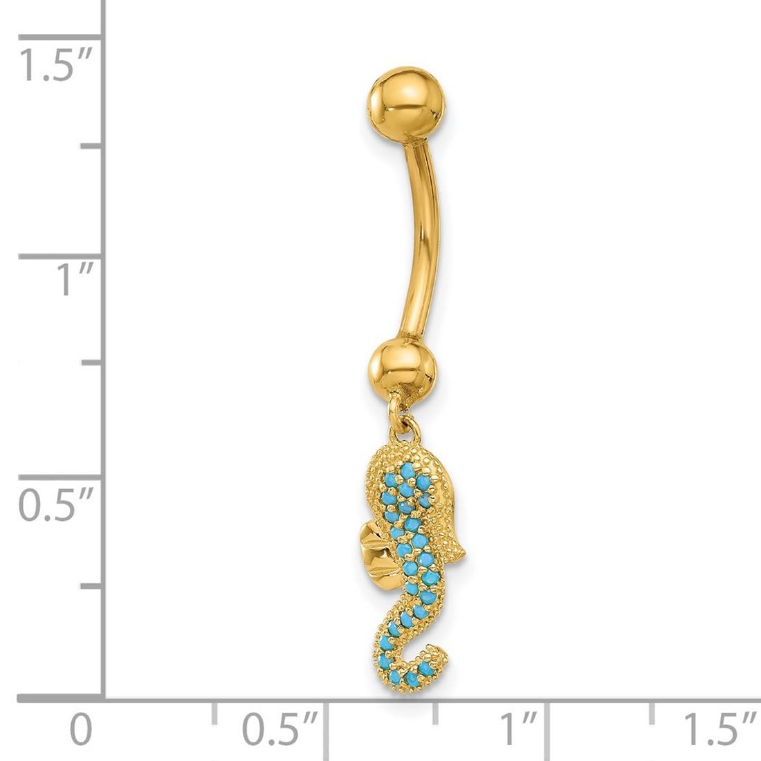 Bauchnabelpiercing aus 14 Karat Gold, 14 Gauge, polierter blauer Zirkonia, simulierter Diamant, Seepferdchen, religiöser Schutzengel, Bauchnabelring, 37 mm lang, Schmuck für Damen, One Size, Zirkonia