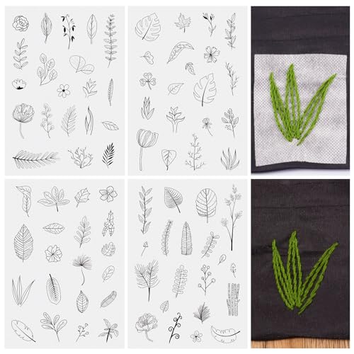 Image of Magibeads 80 Patterns Leaf Plant Flower Water-Soluble Embroidery Patterns Stick and Stitch Spring Summer Floral Tear Away Embroidery Paper Wash Away for Hand Sewing Beginners Starts Adult