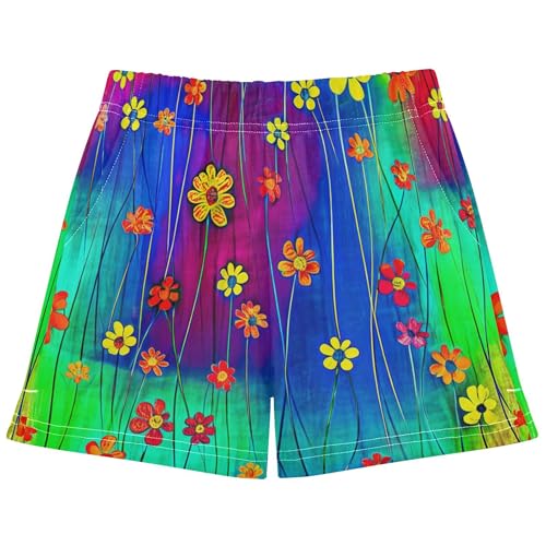 Girls Athletic Shorts Colorful Abstract Flowers Cute Floral Comfy Summer Pajama Sleep Shorts Teens Kids, X-Small
