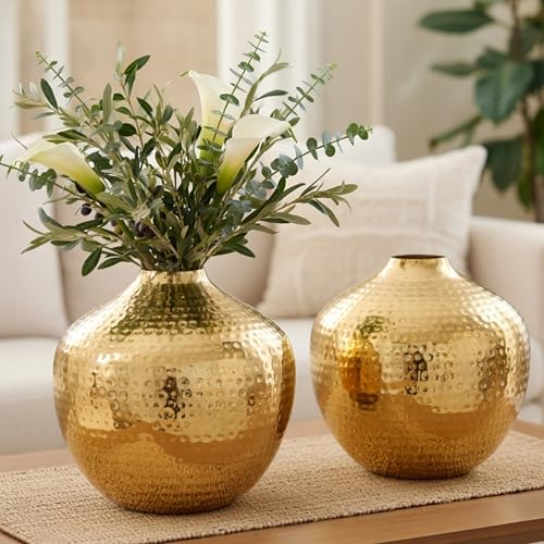 Image of BEHOMA Metal Hammered Flower Vase Set of, Golden - Set of 2 | Hammered Metal flower vase in Golden - for fresh or artificial flower displays for bedroom - great wedding gift (Set of 2)