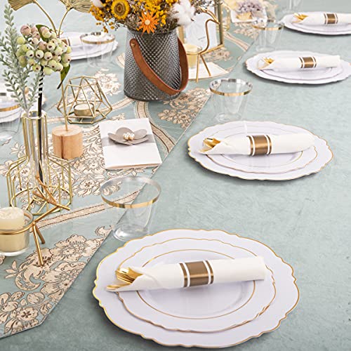 Liacere 350Pcs Gold Plastic Plates - Disposable White And Gold Plastic Plates Include 100Plates, 50Pack Pre Rolled Napkins With Gold Plastic Silverware And 50Cups Perfect For Wedding & Party #TOP6