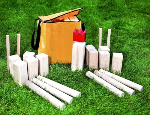 Carromco Original Wikingerschach Holz Premium – Kubb Spielset aus Gummibaumholz, wetterfest, inkl. Tragetasche – Outdoor Geschicklichkeitsspiel für Garten & Strand