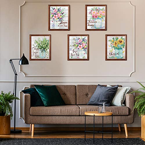 6 Pieces Flower Wall Art Prints Kitchen Wall Decor Flower Posters Watercolor Wall Prints Sunflower Mason Jar Floral Art Artwork Prints for Kitchen Living Room Bedroom Bathroom, 11 x 14 Inch (Unframed)