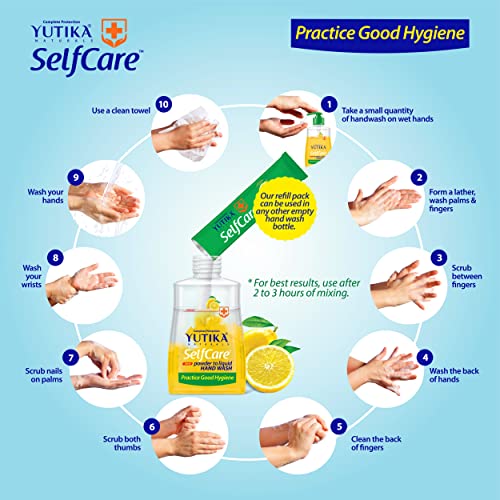 Image of Yutika Selfcare Powder To Liquid Hand Wash Combo Pack With Empty Bottle + 10 Refill Pack Of 9Gm Each (1 Refill Makes 200ml Hand Wash) Lemon