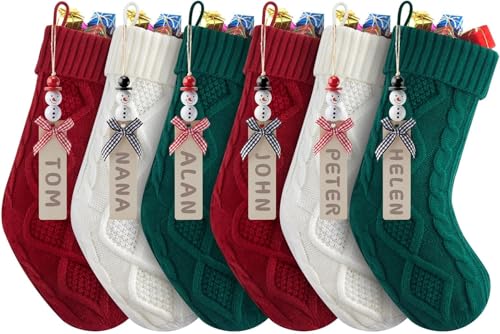 Personalized Christmas Stockings - 18 Inches Hanging Stockings with DIY Snowman Name Tags, 6 Pack Large Size Knitted Stockings for Mantels, Christmas Tree Family Holiday Decor, Red Green White