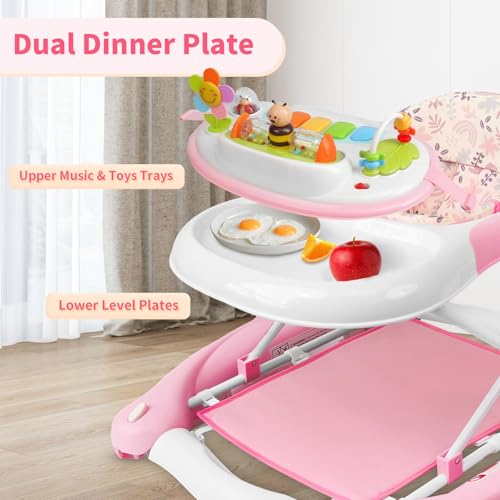 Image of 5 in 1 Baby Walker, Music and Lights Walker for Baby Boy Girls 6-12 Months, Foldable Baby Walkers with Wheels and Bouncer Combo Portable, Toddler Infant Walker with Adjustable Height