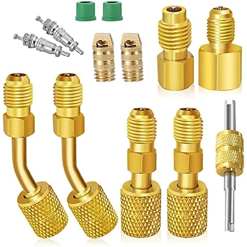 R410A Mini Split Adapters, R410a Refrigerant Hose Adapter, Brass Converter Mini Split Line Adapter Connectors kit with 5/16’’ SAE Female to 1/4’’ SAE Male, 1/2’’ to 1/4’’ Refrigerant Tank Adapters (6) Cover