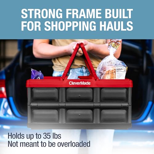 Image of CleverMade Collapsible Shopping Basket 32L - Folding Grocery Basket with Handles, Stackable Reusable Storage Crate with 35 lb Capacity, Recycled Plastic, Car Trunk Organizer - Red