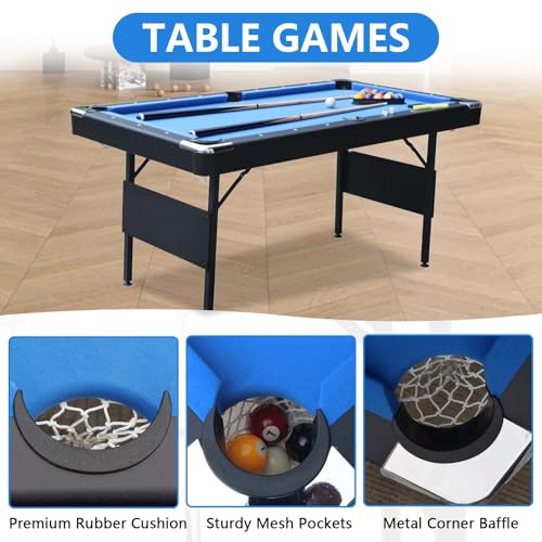 Billiards Table, 5.5 Ft Foldable Pool Table, Balls, Brush, Triangle Rackand, Chalk, for Basements, Adult Rrec Room and Family Game Room (Black+Blue)