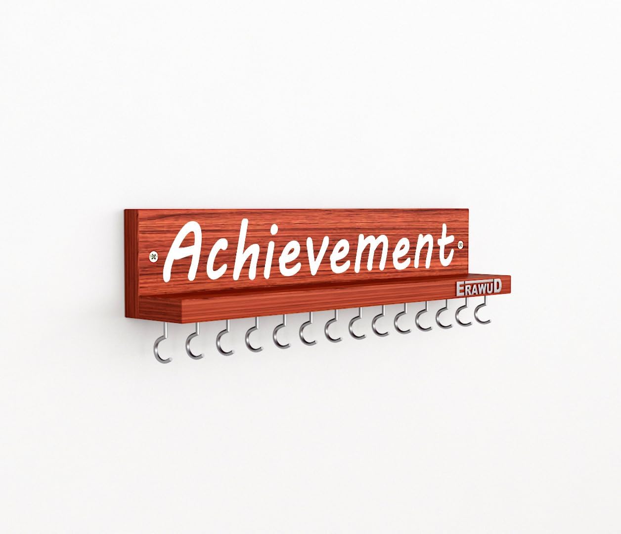 ERAWUD Wooden Medal Holder & Trophy Shelf – Wall Mounted Display Rack with 14 Hooks – Engineered Wood – Classic Walnut Finish – Award and Achievement Organizer