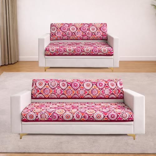 Image of Homerz Premium 5 (3+2) Seater Velvet Sofa Panel Cover with Digital Prints | Anti-Slip Backing (Pink Rangoli, 5 (3+2) Seater with Back)