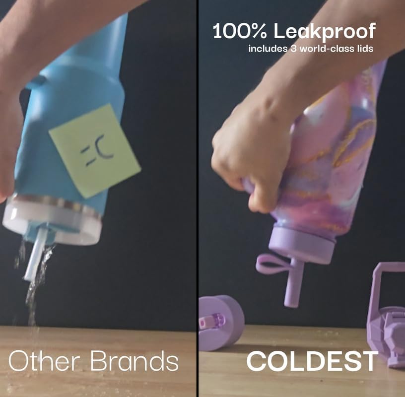 Miniatura 5 de Coldest - Vaso de acero inoxidable y aislamiento térmico, con pajilla y asa, 100% a prueba de derrames y fugas, 3 tapas, unisex, 36 o 40 onzas, rosa