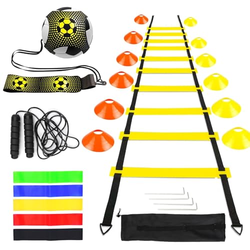 LangRay Accesorios de Entrenamiento de Fútbol con Escalera de Coordinación 6 m, 12 Conos, 1 Cuerda de Saltar, 1 Entrenador de fútbol, 5 Bandas de Resistencia, Regalos de Fútbol para Niños