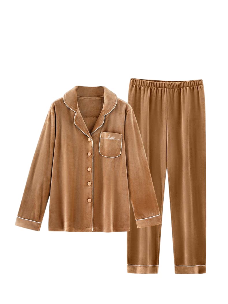 LUBOSE Pijama de franela para mujer, conjunto de ropa de descanso, 2 piezas, pijama con botones, ropa de descanso térmica (M, amarillo)