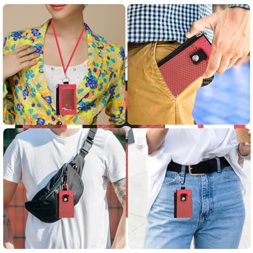 Image of MASAPHlL Small Lanyard Wallet for Women /Men with RFID Blocking ID Badge Holder, Minimalist Nylon Zipper Pouch, Travel Neck Wallet with Keychain, ID Window for Card,Coin,Cash (Deep red+Rose)
