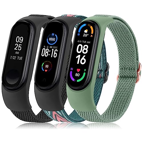 Meliya Correa para Xiaomi Mi Band 4/Xiaomi Mi Band 3/Xiaomi Mi Band 6/Xiaomi Mi Band 5,Nailon Elástica Trenzada Ajustable 3PACK Pulseras de Repuesto para Mi Band 6/5/4/3(Negro/FlechaVerde/Verde)