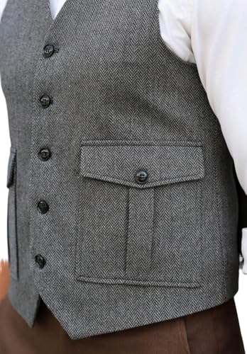 Men's Retro Herringbone Vest Single Breasted Tweed Blended Business Waistcoat with Pockets3