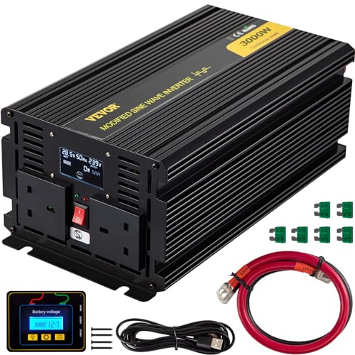 VEVOR 3000 W Reiner Sinus Wechselrichter Sinus Spannungswandler, DC 24 V AC 240 V Dauerleistung Inverter Stromumwandler, 330 x 167 x 120 mm, LCD-Fernbedienung, 0,15 A, LED-Anzeigen, 2 Batteriekabel