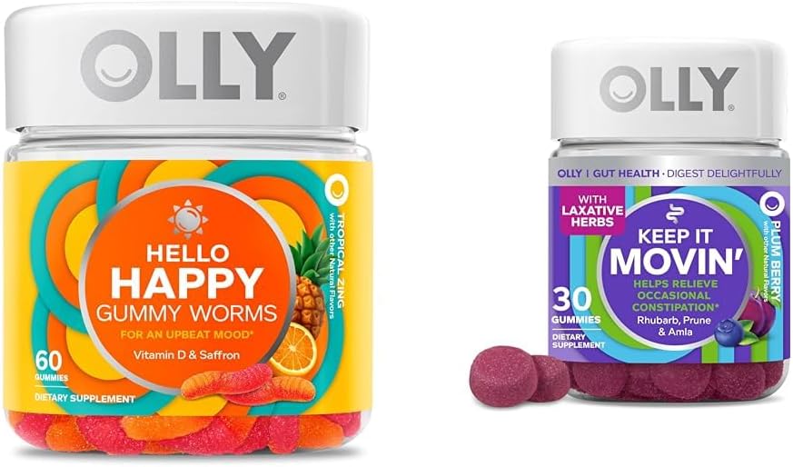 OLLY Hello Happy Gummy Worms Mood Support with Saffron, Vitamin D - 60 Count and Keep It Moving Constipation Relief Gummies with Rhubarb, Prunes, Amla - 30 Count