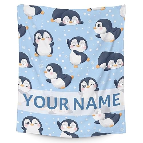 Custom Penguin Blankets with Name - Soft Warm Blanket Throw for Kids, Adults - 30"x40" Small Blankets for Couch, Work - Blue Cute Blanket Gifts