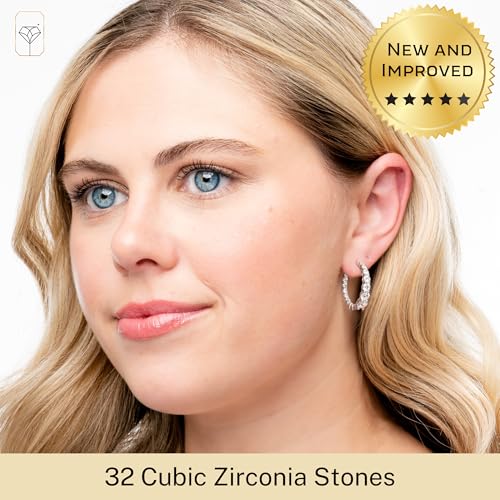 925 Sterling Silver CZ Inside Out Hoop Earrings for Women | 1 Inch Hypoallergenic Cubic Zirconia Hoop Earrings | Simulated Diamond Large Silver Earring Hoops by MAX + STONE2